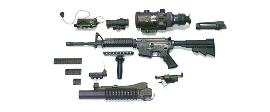 Array of essential rifle accessories including scopes, grips, and mounts for improved performance