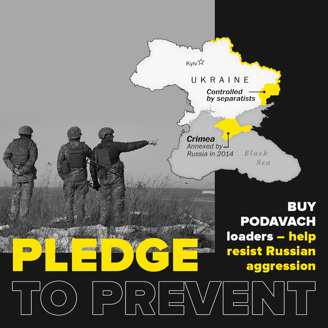 Graphic showing map of Ukraine highlighting Podavach origins and Ukraine conflict with soldiers in the background