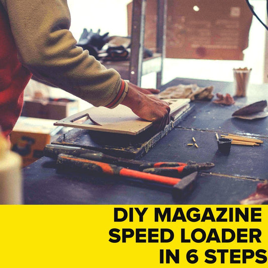 Person demonstrating DIY speed loader steps on a workbench with tools and materials