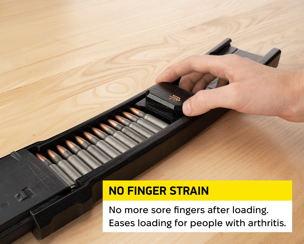 Podavach Hardwood U-LOADER for AR10 magazine speed loader reduces finger strain while loading