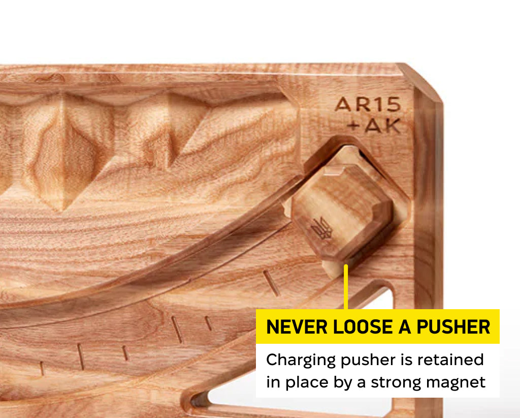 Podavach Hardwood Universal Gun Magazine Loader with a strong magnet to retain the charging pusher