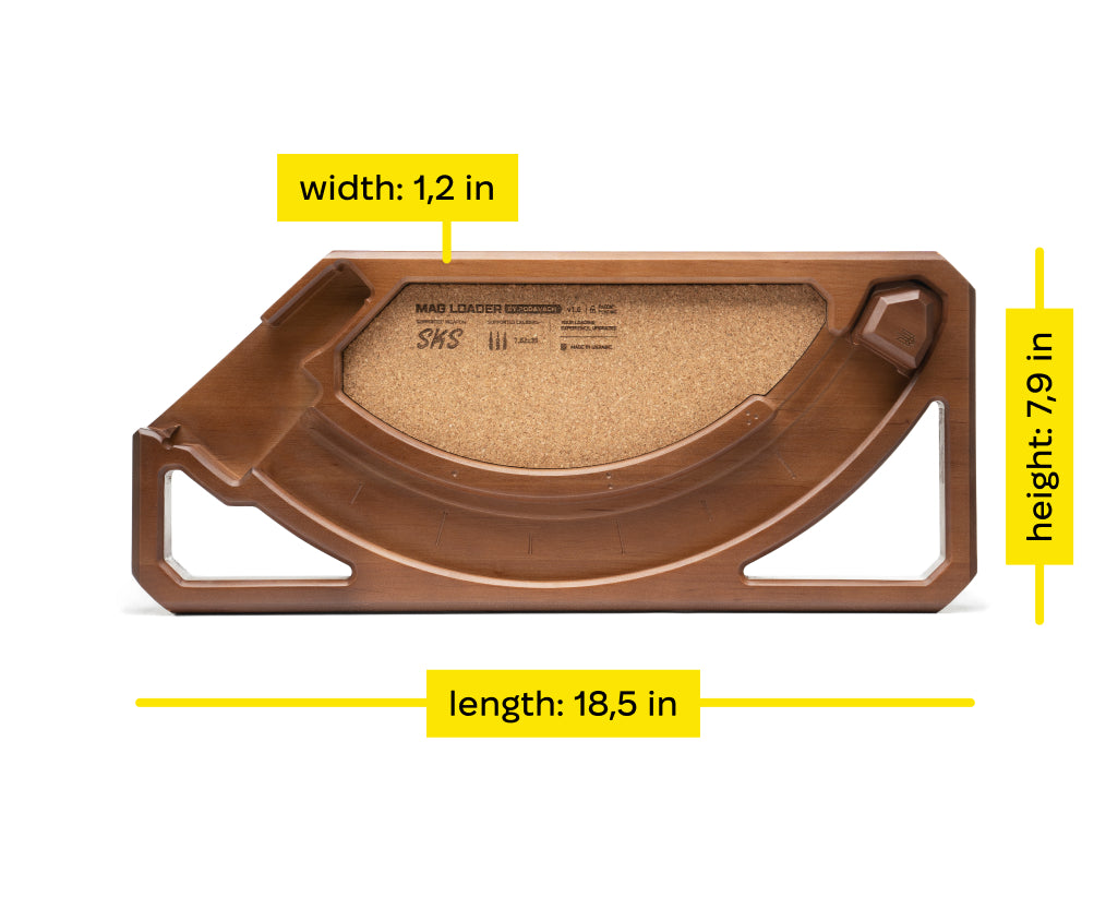 Podavach SKS magazine speed loader made of hardwood, designed for easy magazine loading.