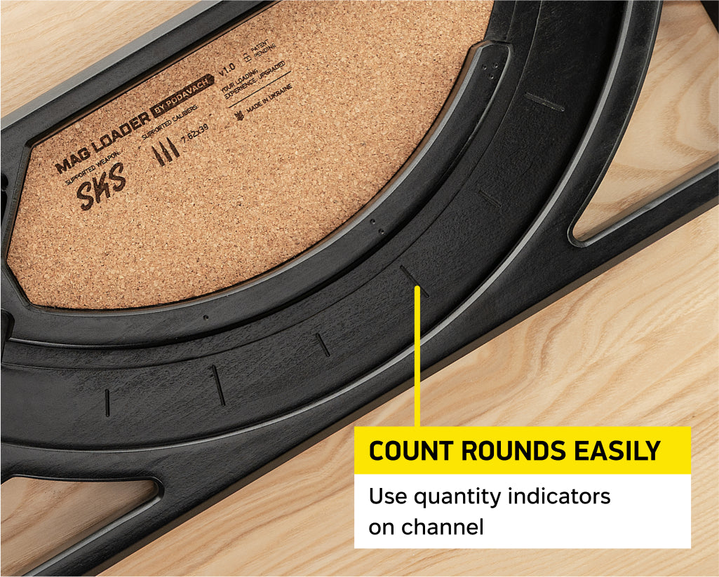 Podavach Hardwood SKS magazine speed loader with quantity indicators for easy round counting