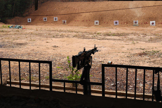 Rifle on a stand at a shooting range