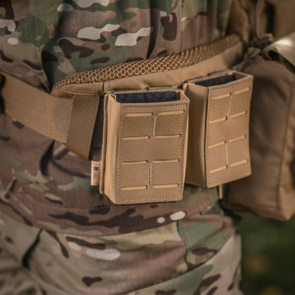M-Tac Range Belt Cobra Gen.IV with elastic laser-cut mag pouches (Coyote), worn on plate carrier — Perfect Belt bundle