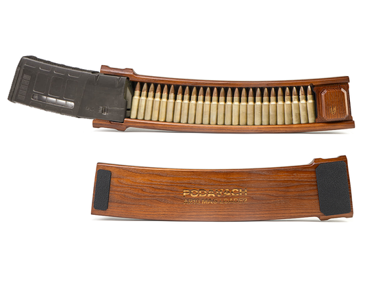 Podavach Hardwood U-LOADER for AR10 magazine speed loader with sleek and sturdy design.