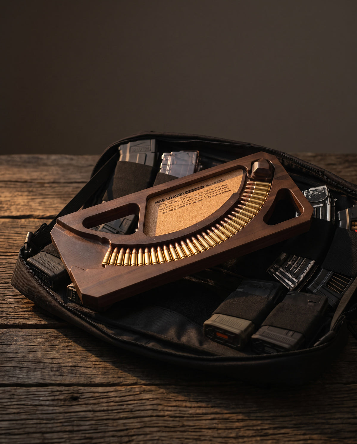 Walnut U-LOADER lying flat in an open Podavach Mag Range Bag